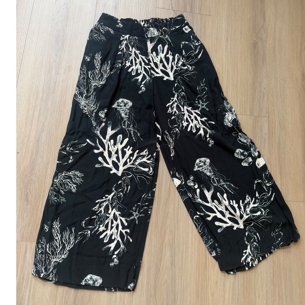 A New Day Womens Medium Black White Coral Jellyfish Wide Leg Nautical Pants
